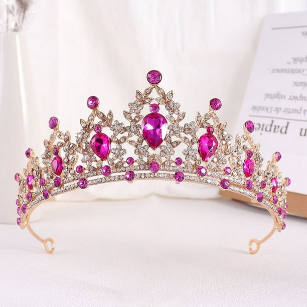 Zhuge Tiara de boda para novia, diadema de princesa, corona de novia, joyería para el cabello con diamantes de imitación de cristal, decoración para novia, cumpleaños, graduación, boda (rosa oscuro)