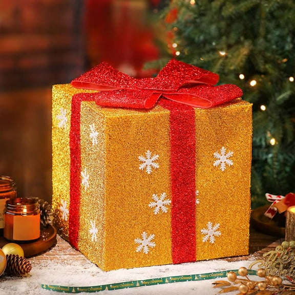 Lunxisen 1 Pcs Christmas Lighted Gift Boxes Decorations, Tinsel Present Box with Bowknot, Light Up Xmas Tree Skirt Ornament, Indoor Outdoor.