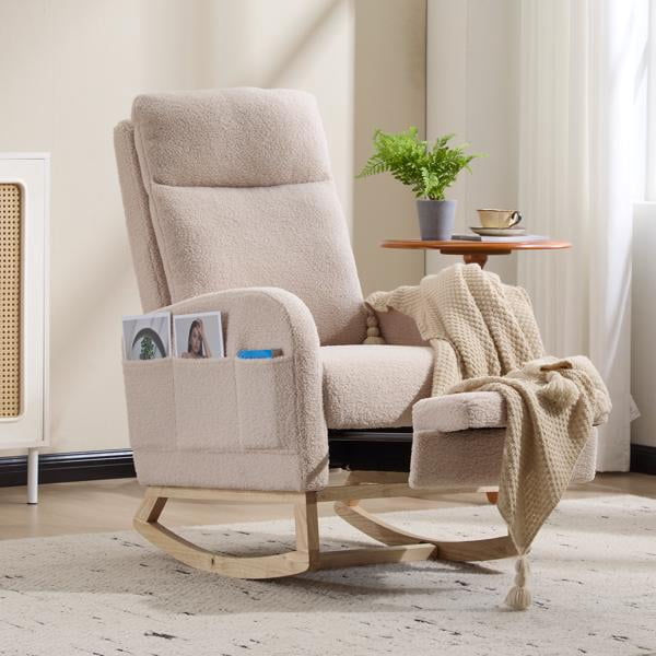 Modern Accent Rocking Chair Rocking Chair with Solid Wood Legs, Upholstered Nursery Glider Rocker, Comfy Armchair with Side Pocket, Living Room Lounge Arm Chair with High Backrest (Beige,teddy)