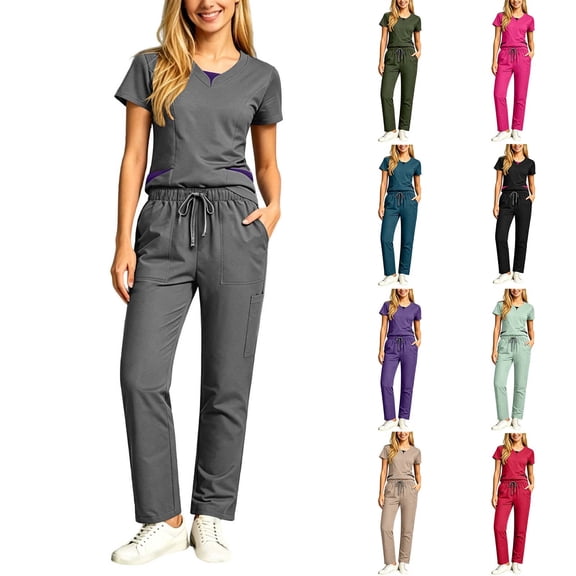 Lounge Set Summer Casual Oversized Shirts Women's Summer V-Neck Color Blocked Pocket Top Drawstring Pants Protective Suit Set Army Green Xl