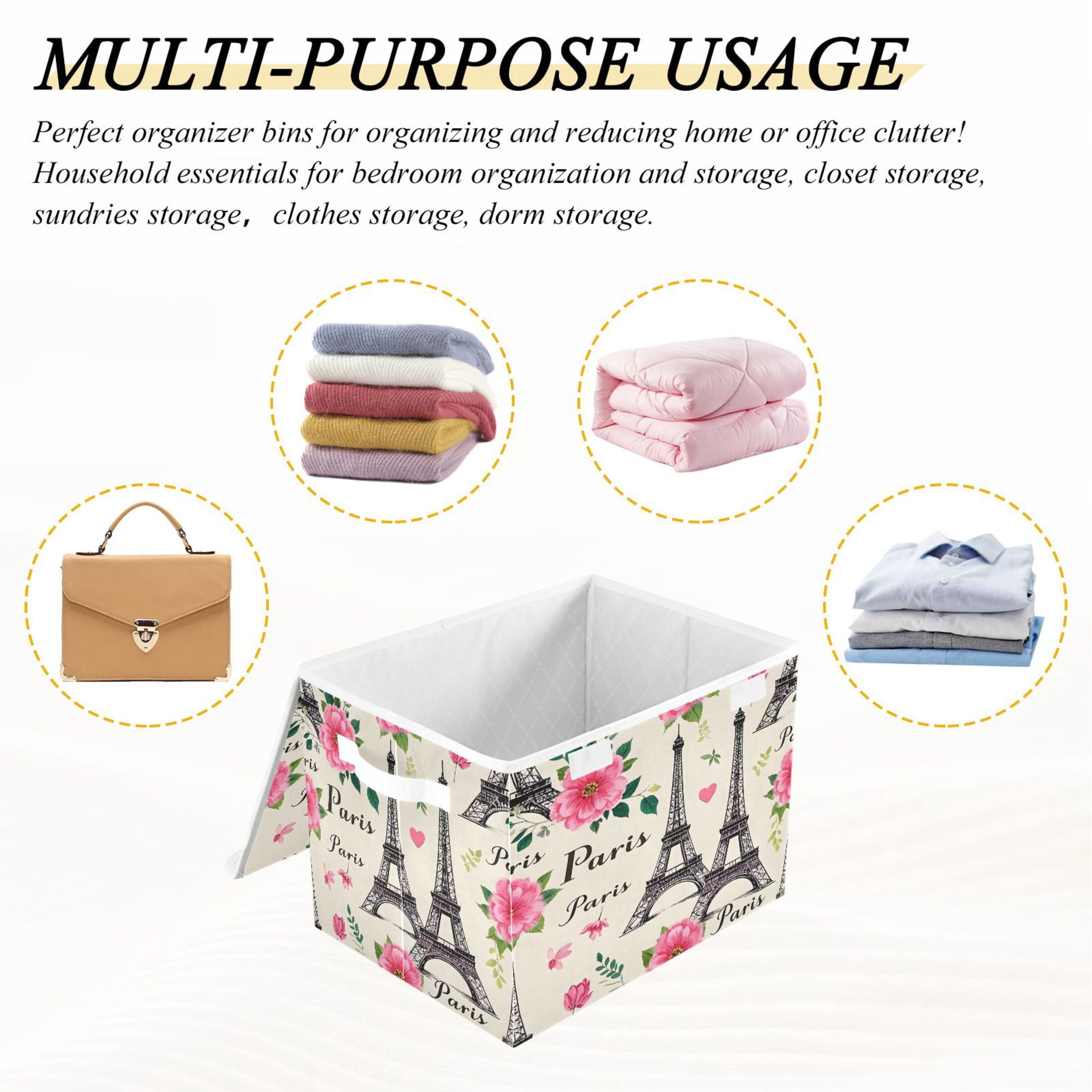 Ryvnso Paris Tower Flowers Large Lidded Foldable Storage Baskets Cubes Boxes Lids Bin for Home