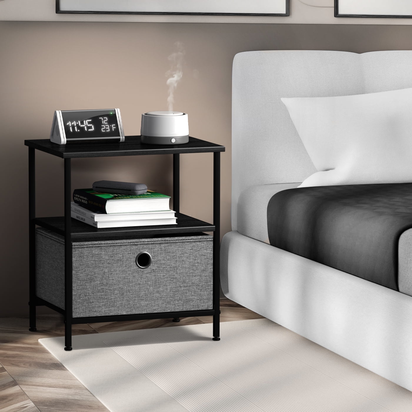 Sorbus 1-Drawer Nightstand with Shelf, Fabric Bin Storage, Steel Frame, Black