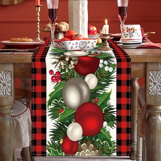 Bannière de Table Décorative Noël Carreaux Noir et Rouge Chemin de Table pour Fêtes d'Hiver