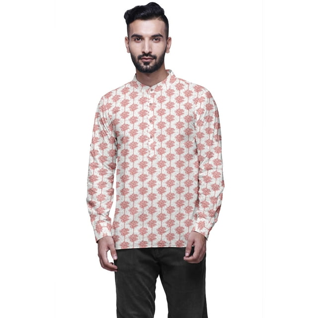Atasi Kurta Courte Indienne pour Hommes Col Chinois Boutonné Chemise Décontractée en Coton