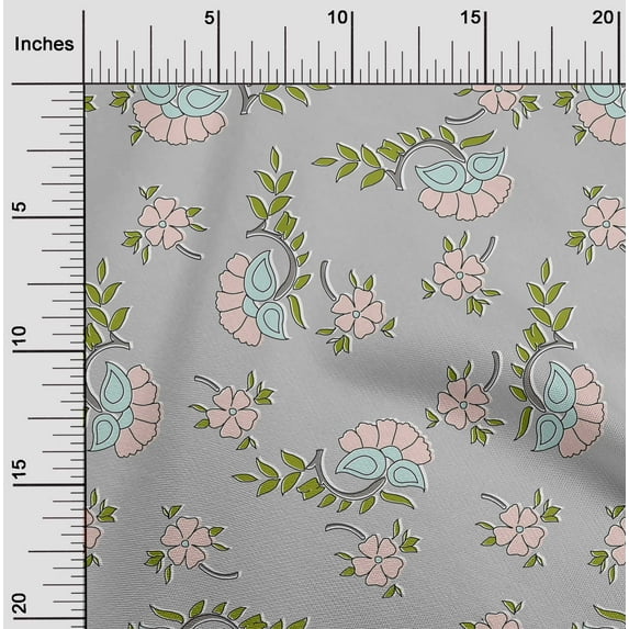 oneOone Rayon Light Gray Fabric Leaves & Flower Floral Dress Material Fabric Print Fabric By The Yard 56 Inch Wide