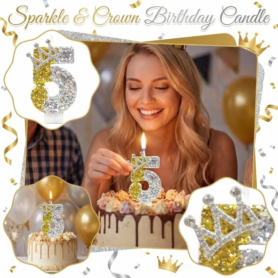 Birthday Candle Number Gold White Glitter with Crown Cartoon Creative Party Cake Topper Decoration, Festive Numeric Candle for Celebration, Royal Themed Cake Decor Supplies