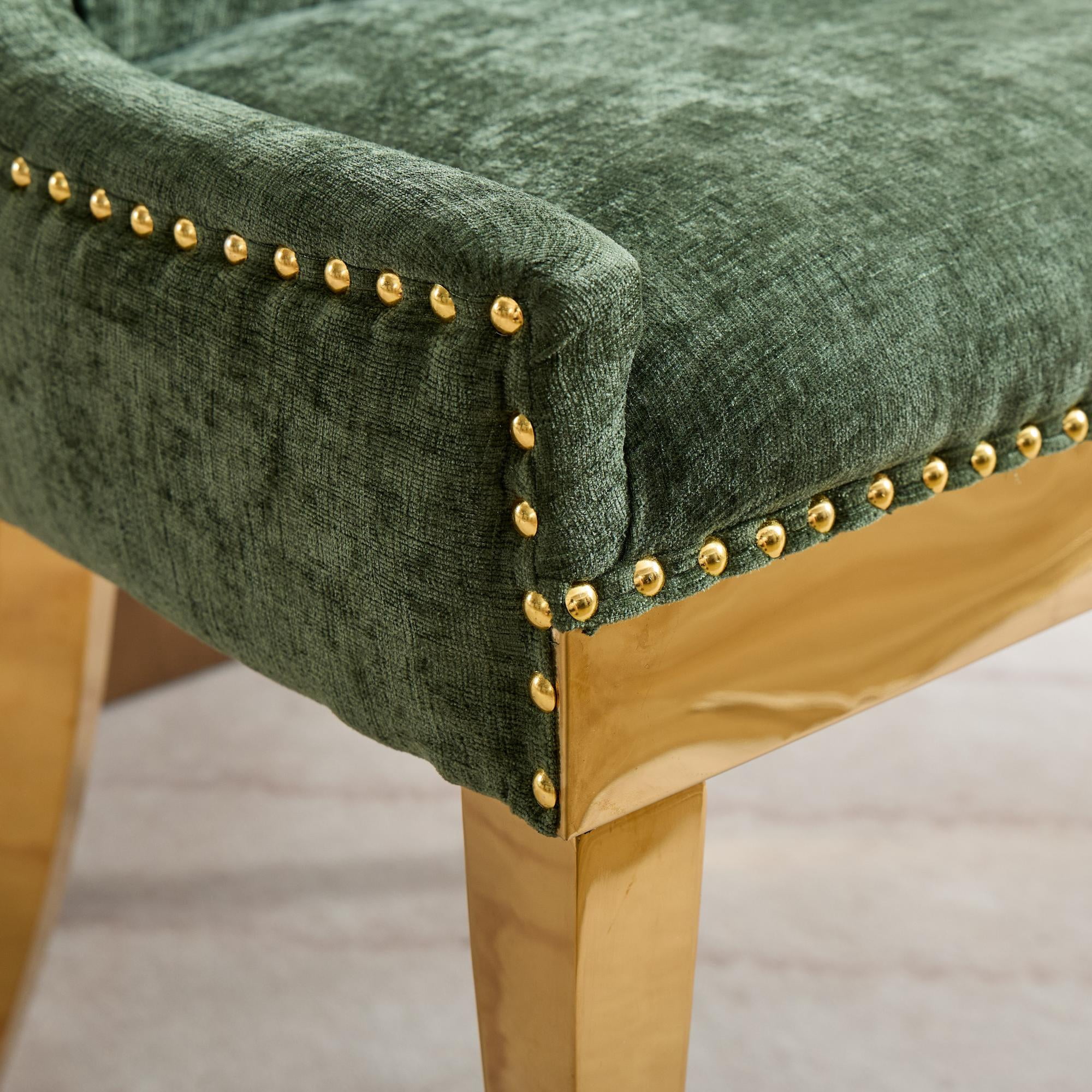 BSHTI Chenille Dining Chairs Set of 2, Green Textured Fabric Upholstered Chairs with Curved Gold-Plated Legs & Rivet Trim – Modern One-Piece Structure for Dining Room, Living Room, or Lounge