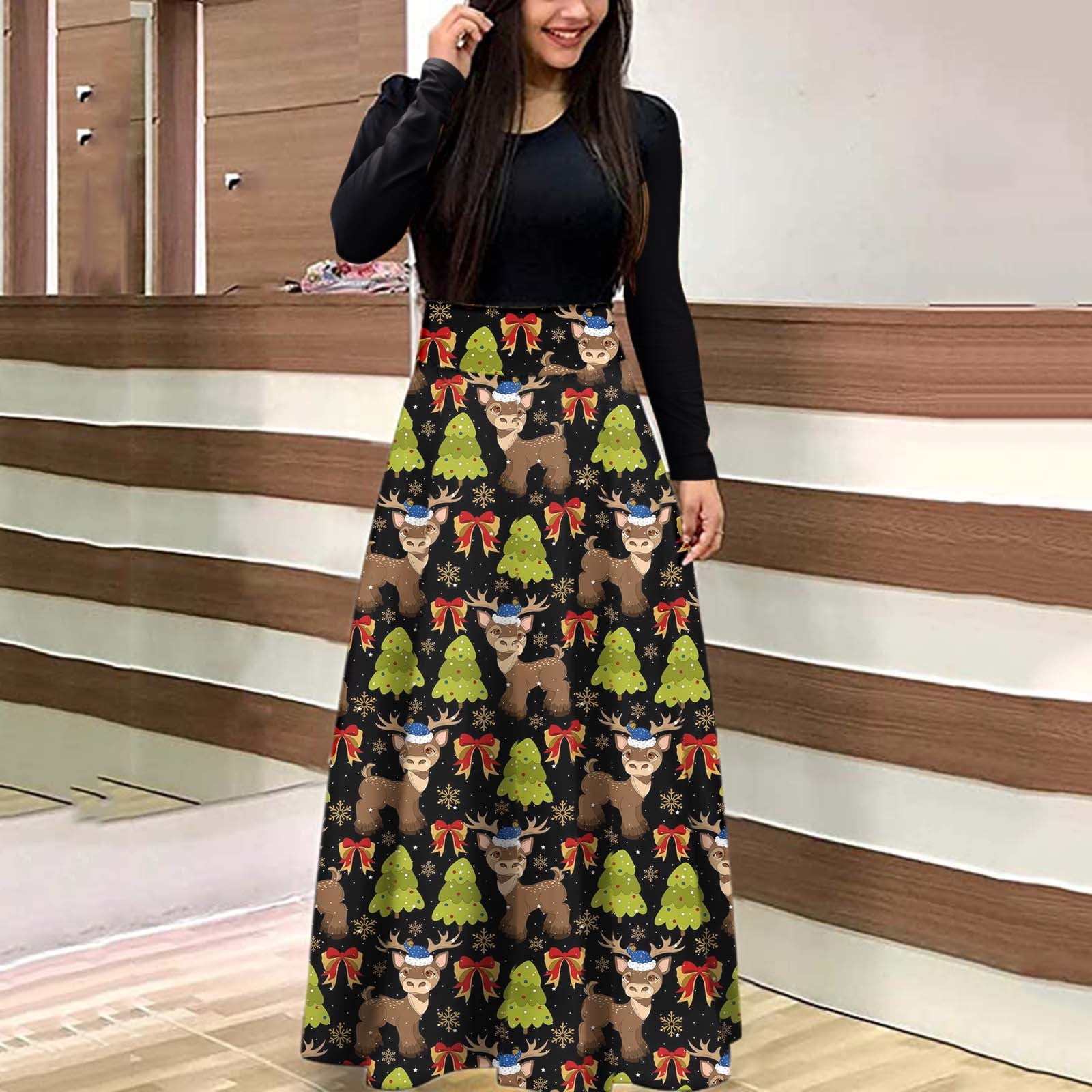 Lystmrge Traditional Dress Athletic Dress Petite Dresses for Work Women Christmas Print Maxi Dress Long Sleeve Long Maxi Dress Ladies Casual Dress,