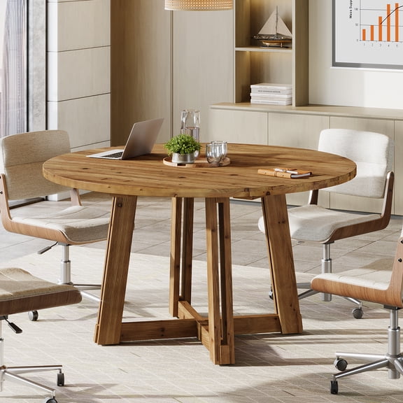 Finmind 47-inch Solid Wood Conference Table for 4-6 People, Round Wooden Meeting Table with Thickened Tabletop and Solid Crossed Frame, Brown