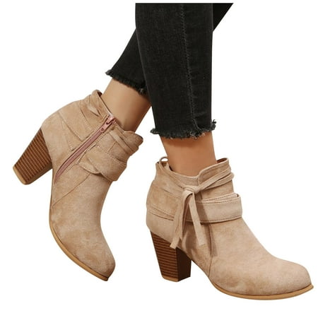 

ZXHACSJ Boots For Womens Shoes Mixed Colors Zipper Short Western Boots Khaki 38