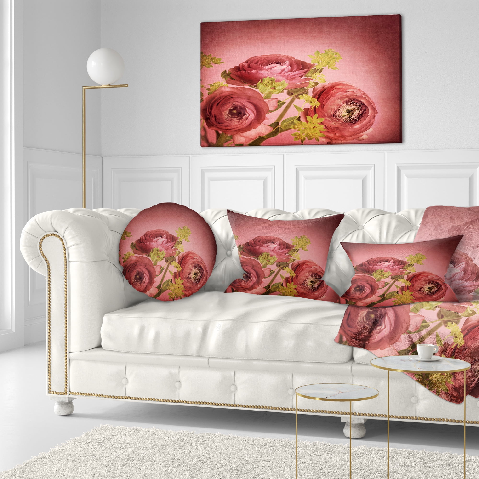 Designart Ranunculus Flowers Stem on Pink - Floral Throw Pillow - 12x20