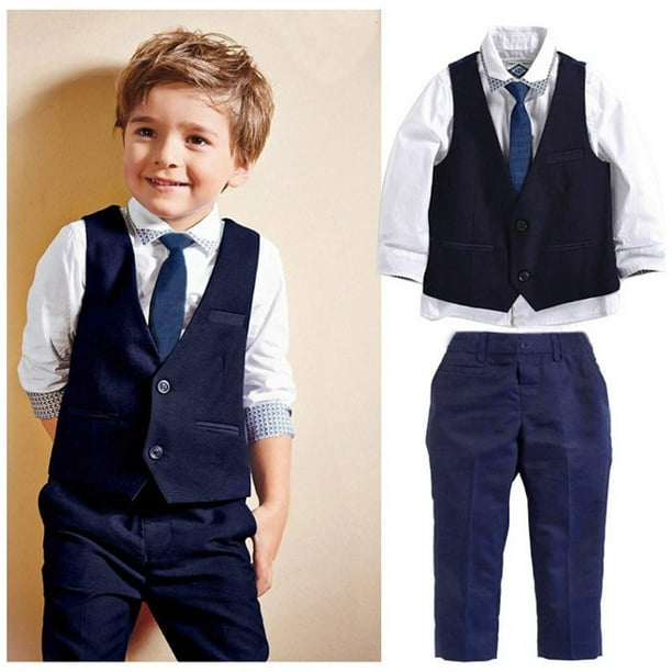 Nouveau Bébé Enfants Garçons Smoking Costume Chemise Gilet Cravate  Pantalons Tenues Formelles Vêtements 