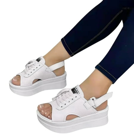 

Christmas Fashion Womens Breathable Lace Up Shoes Thick Soled Wedges Casual Sandals