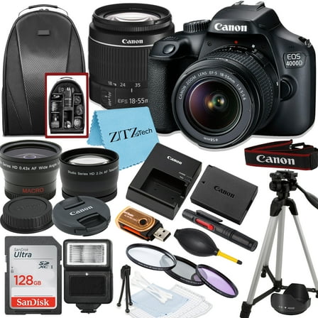 Canon EOS Rebel T100 / 4000D DSLR Camera with 18-55mm Lens, SanDisk 128GB Memory, Tripod, Backpack and ZeeTech Bundle (International Model)