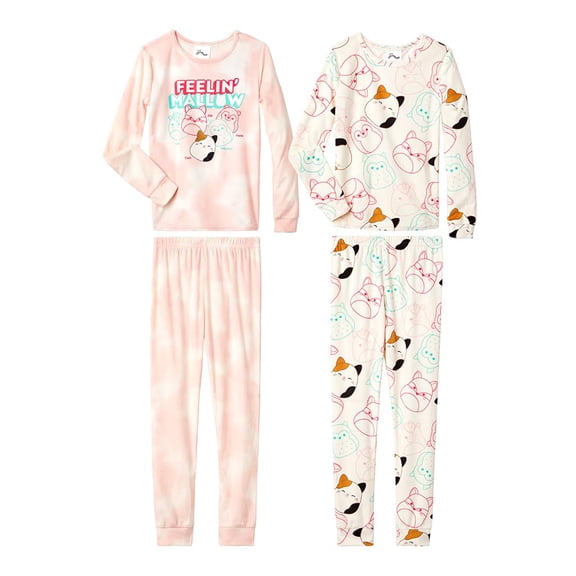 SQUISHMALLOWS Girls’ 4-Piece Pajama Set - Long Sleeves T-Shirt and Pajama Pants, Ivory/Pink, 10