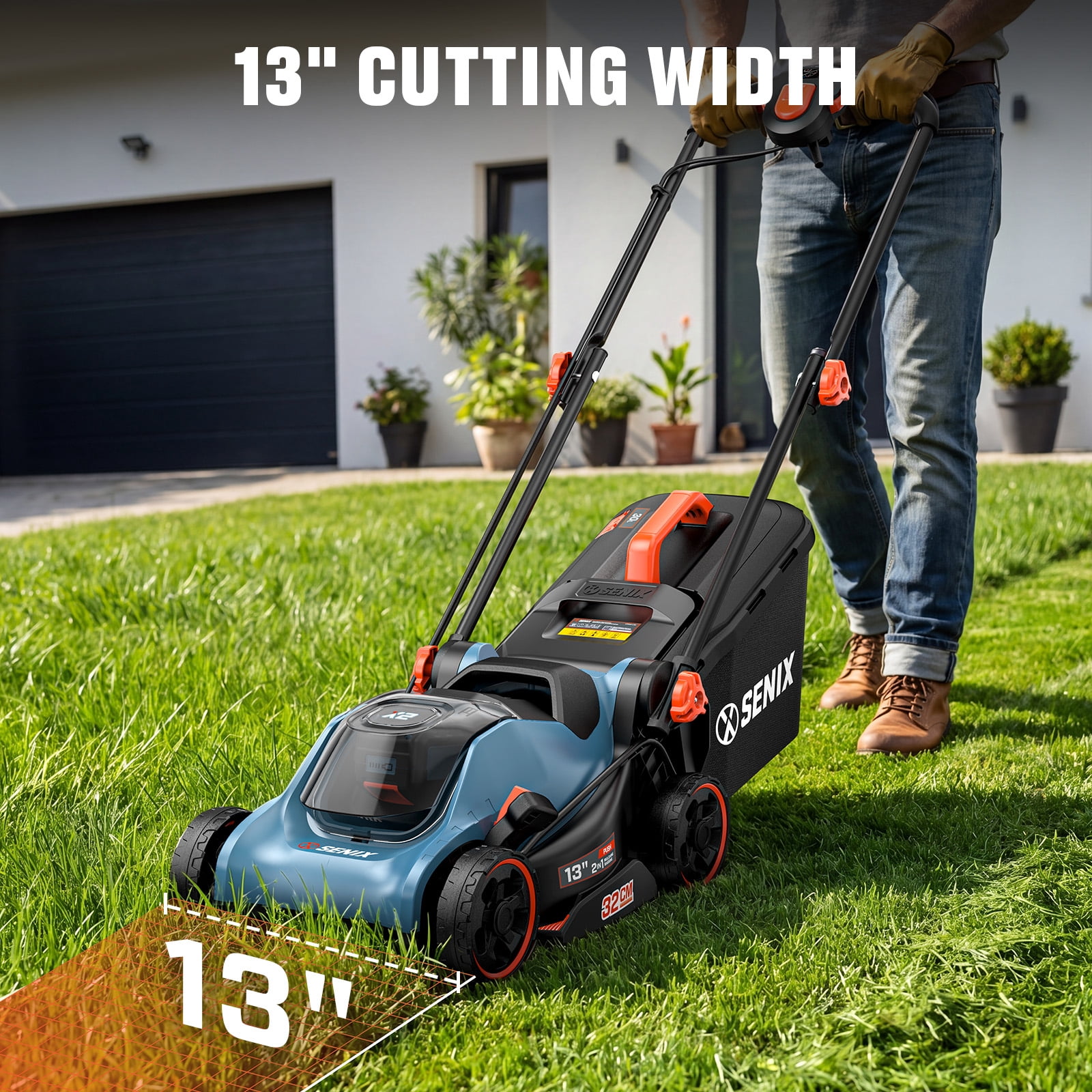 SENIX 20V Cordless Push Lawn Mower with Carry Handle, 13-Inch Cutting 14-inch Deck, 2-in-1 Mulching & Bagging, Single 5-Position Height Adjustment (1x 4.0Ah Battery & Charger Included)