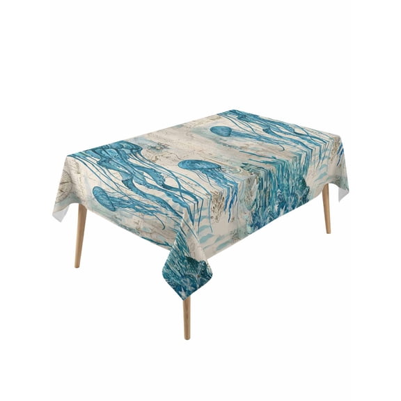 Teal Jellyfish Coastal Rectangle Tablecloth, Vintage Summer Beach Nautical Waterproof & StainResistant Tablecloth, Washable Oil-proof Table Cover for Dining/Party/Wedding/Camping/Buffet 60x120 In
