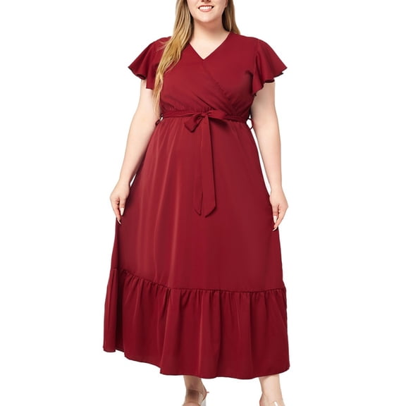 Lovskoo Plus Size Womens Boho Summer Dress Solid Color Casual Wrap V Neck Short Sleeve Belted Beach Bohemian Maxi Dress Red 2XL