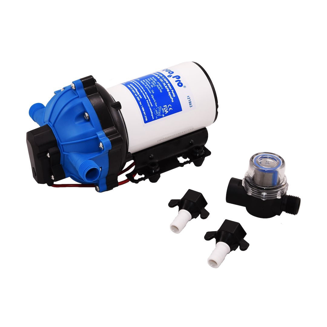 Aqua Pro 21863 Fresh Water Pump; AP50012; Self-Priming; 5.5 Gallon Per Minute; Shuts Off At 60 PSI; 8-1/2 Inch Length x 5-3/4 Inch Width x 5.16 Inch Height; 12 Volt DC; Run Dry Safe