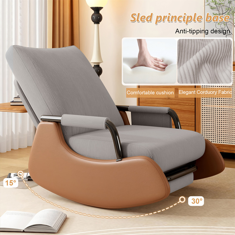 XUEGW Upholstered Glider Rocking Chair for Nursery, Soft Corduroy Accent Chair with Side Pocket & Adjustable High Backrest, Rocker with Footrest for Living Room Bedroom, Gray