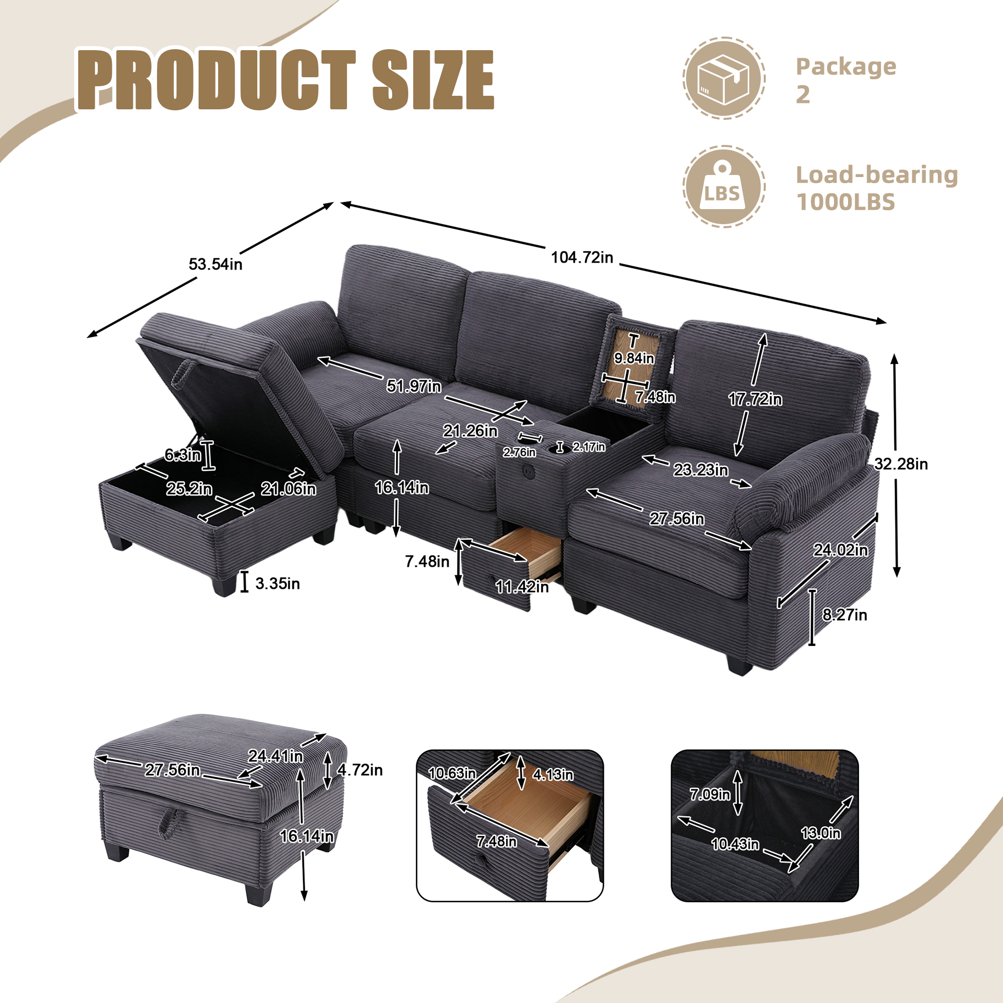 MOONMISS Corduroy Upholstered L-Shaped 4-seater Storage Multifunctional Sectional Sofa with Storage Ottoman-Dark Grey