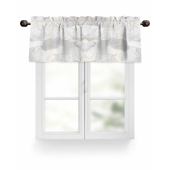 Grey Abstract Marble Texture Kitchen Valances for Windows Modern Gold Line Valance Curtains  for Kitchen /Living Room/Bedroom/ Bathroom Decor, 54"x18 " ,Rod Pocket 1 Panel, White