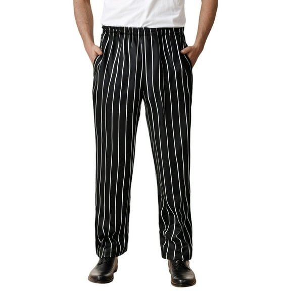 Puliio Men's Pants Stripe Print Elastic Waist Kitchen Work Trousers Loose Fit Casual Loose Lightweight Oversize Pants With Pocket