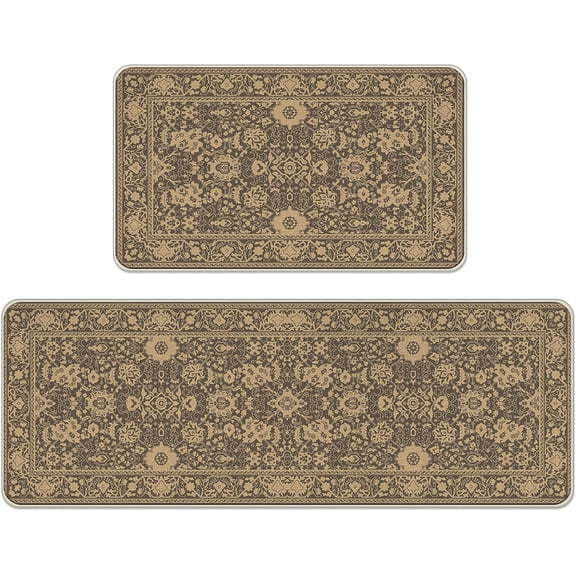 Boho Vintage Floral Kitchen Rugs Set of 2, Retro Antique Brown Beige Flower Geometric Floor Mats Home Decor, Farmhouse Door Mat Decorations - 17x29 and 17x47 Inches
