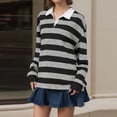 thumbnail image 5 of Women Long Sleeve Striped Shirt Button Collar Y2k Pullover T Shirts Casual Loose Oversized Polo Sweatshirt, 5 of 6