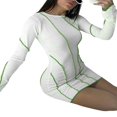 thumbnail image 3 of Women Casual Bodycon Dress Contrast Color Crew Neck Long Flare Sleeve Ribbed One-Piece Dress, 3 of 8