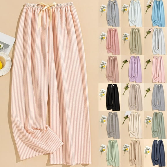 Lovzfmll Women's Lounge Pants, Striped Wide Leg Palazzo Pants with Elastic Waist, Loose Fit Comfortable Loungewear, Full Length Sleepwear Pajamas