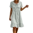 thumbnail image 2 of Ayolanni V Neck Dresses for Women Solid Short Sleeve A-Line Midi Dress Flowy Cotton Linen Travel Beach Dress Gray L, 2 of 7