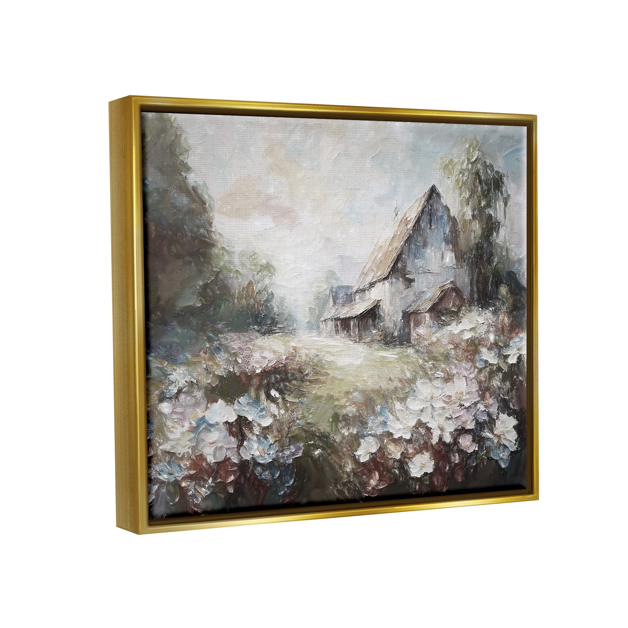 Stupell Industries Soft Meadow in Countryside Landscape Painting Gold Floater Framed Canvas Art Print Wall Art, 31 x 25