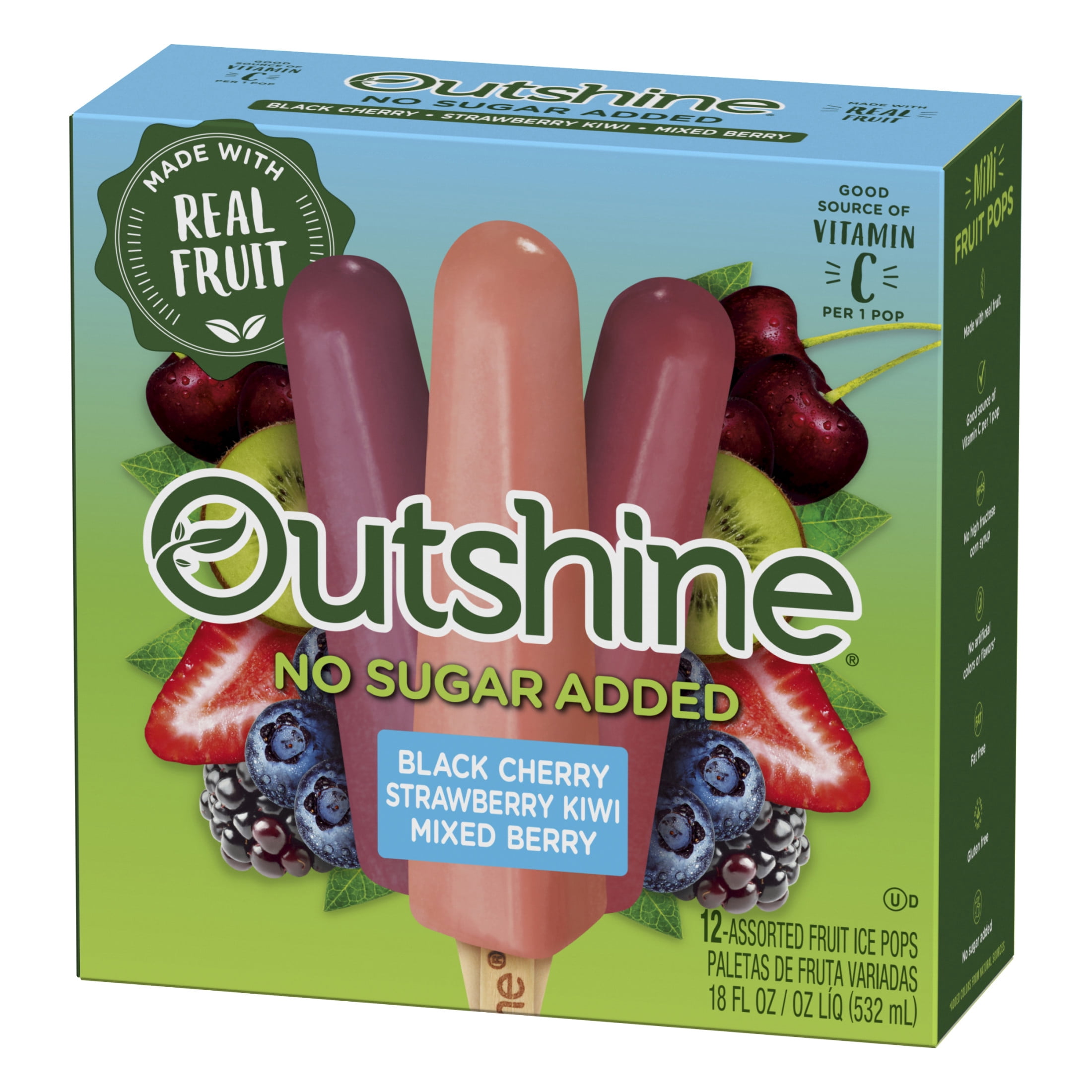 Outshine No Sugar Added Black Cherry, Strawberry Kiwi, and Mixed Berry Frozen Mini Fruit Pops, Variety Pack, 12 Count
