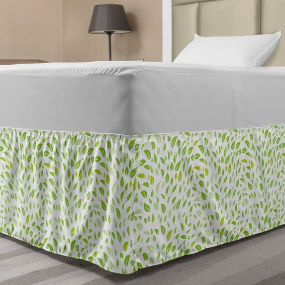 Leaf Bed Skirt, Various Types of Green Fresh Leaves Illustration with Garden Summer Season Graphic Design, Elastic Bedskirt Dust Ruffle Wrap Around for Bedding Decor, 4 Sizes, Green, by Ambesonne
