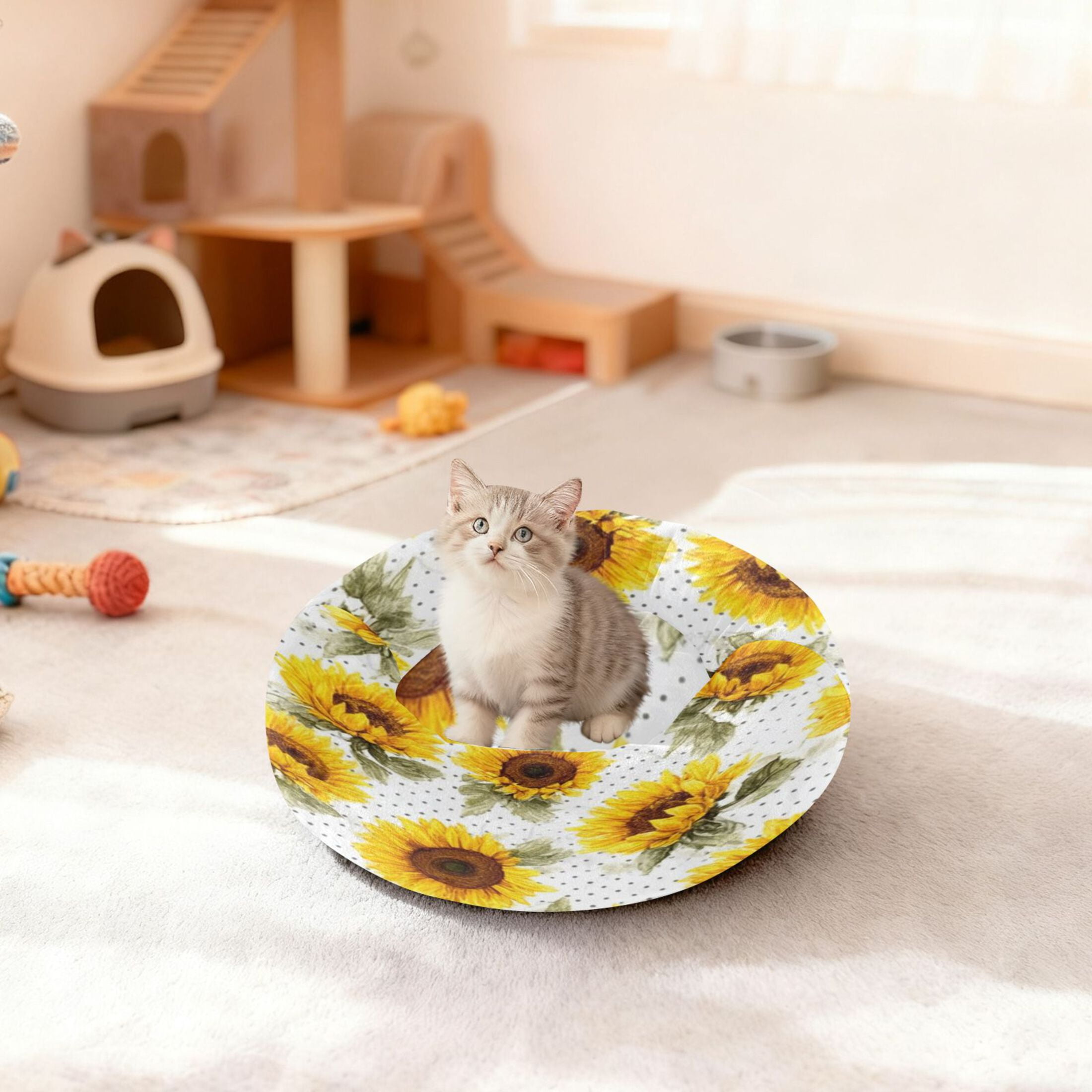 Iauyy Pet Couch Donut Cat Bed for Indoor Cats/Small Dogs Washable & Machine with Non-slip Bottom Calming Cat Furniture, A Charming Sea Of Flowers (M)