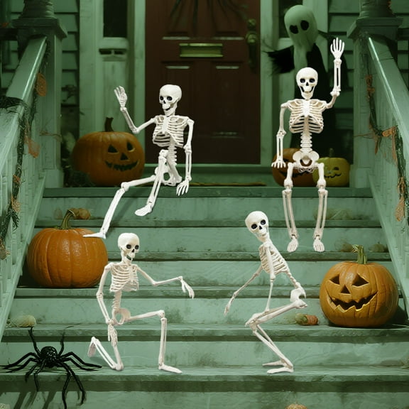 AGCAN 4 Packs Posable Halloween Hanging Skeleton Decoration, 16 Inch Halloween Decorations with Movable Joints for Graveyard Haunted House Props Decor Indoor Outdoor