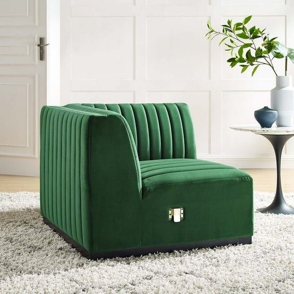 Modway Conjure Channel Tufted Performance Velvet Right Corner Chair in Black Emerald