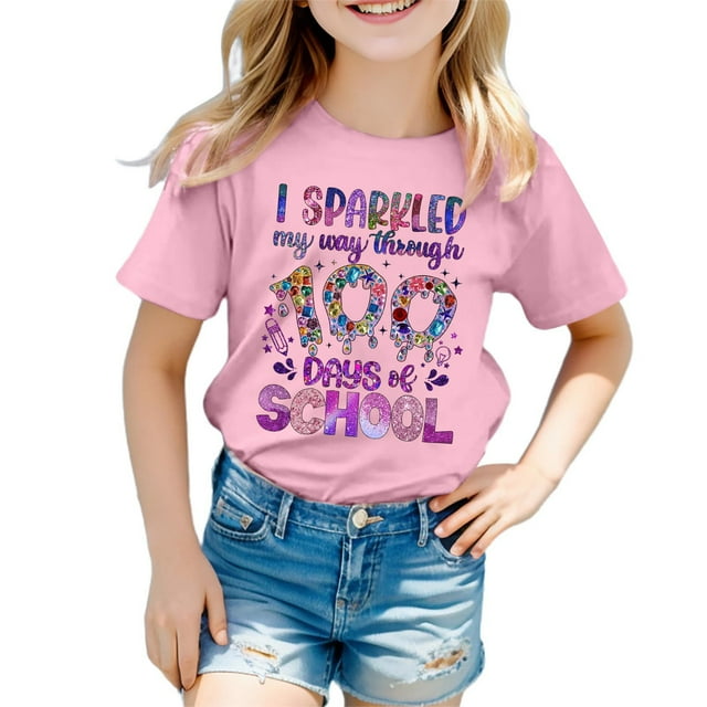 LUOGENLI T-Shirt pour Filles Enfants Mode Décontractée Imprimé Col Rond Manches Courtes T-Shirt Ample Haut Maxi avec Fente et Shorts 3-4 Ans
