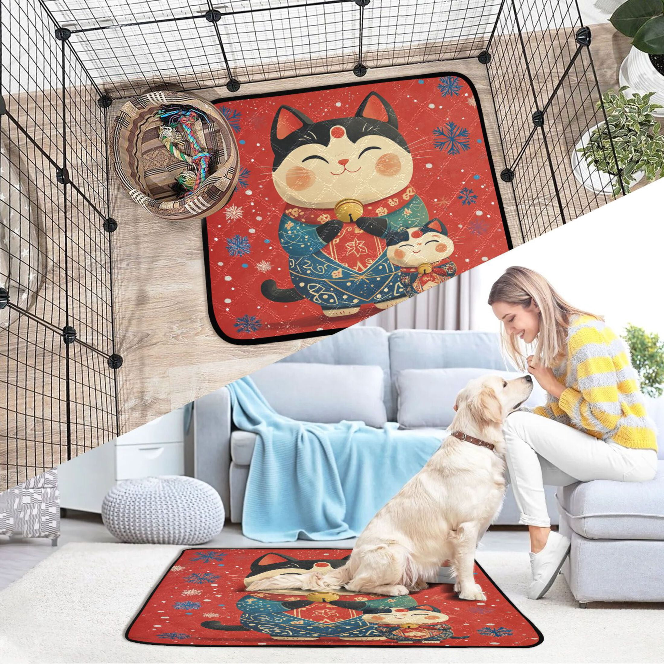 Qxltty Illustration Of Fortune Cats with Blue Snowflakes Cat litter Pads Pet Set of 3 Diaper Mats Center Anti-leakage Layer Absorbent Soft and Comfortable