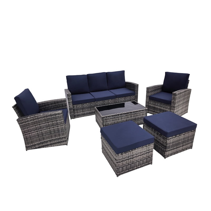 6-Piece Patio Furniture Set with 2 Ottomans, PE Wicker Sectional Sofa Set with Glass Coffee Table, Patio Conversation Set with Thick Cushion for Backyard Lawn