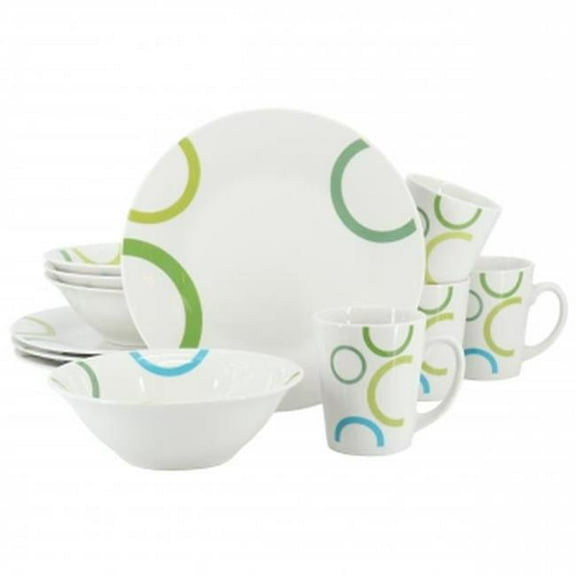 Gibson Home 142754.12 Green Loops Round Fine Ceramic Dinnerware Set, White - 12 Piece