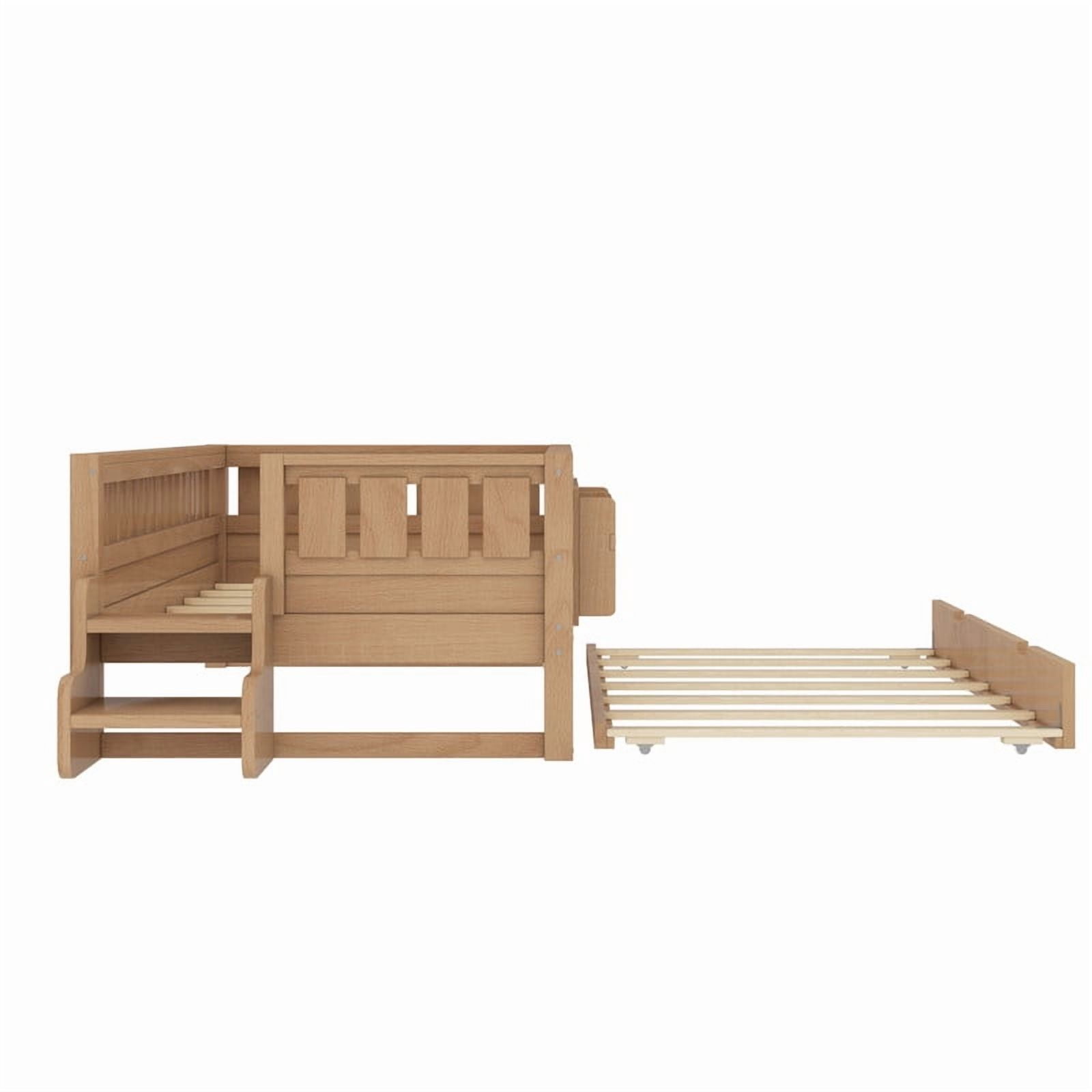 Bellemave Twin Bed with Trundle and Small Stairs, Twin Size Platform Bed Frame with Rail and Bookshelf, Wooden Montessori Floor Bed No Box Spring Needed,Natural