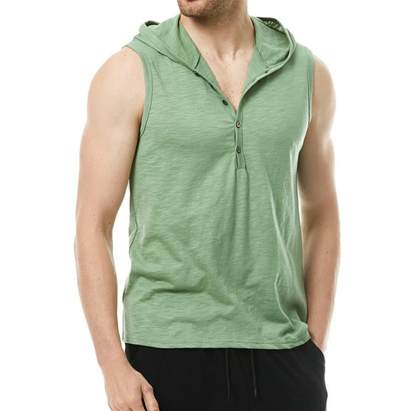 IYTR Sleeveless Shirts for Men Sports Solid Color Summer Sleeveless Tank Tops Comfy Vest Hooded Neck Tops Army Green L