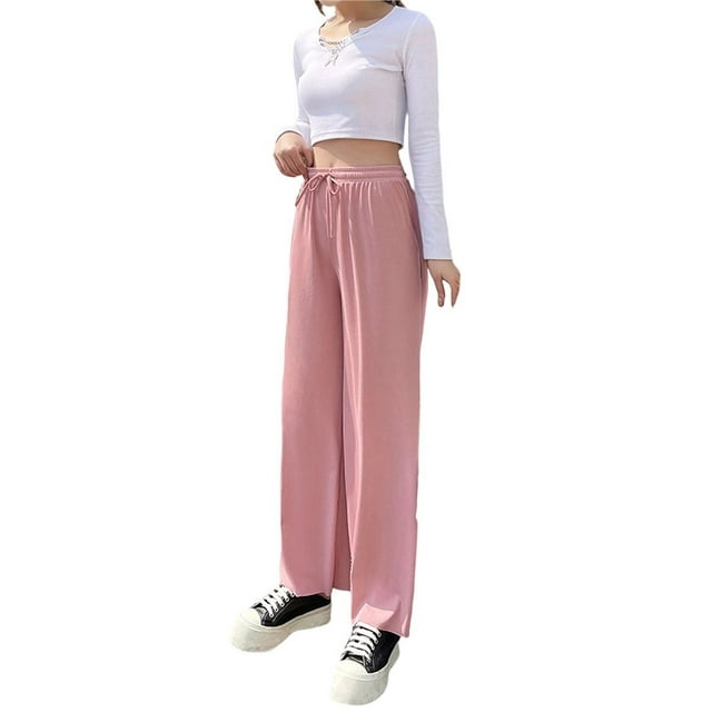 Pantalones Anchos de Punto Gofre para Mujer, con Cintura Elástica Alta y Cordón Ajustable. Rosa XL