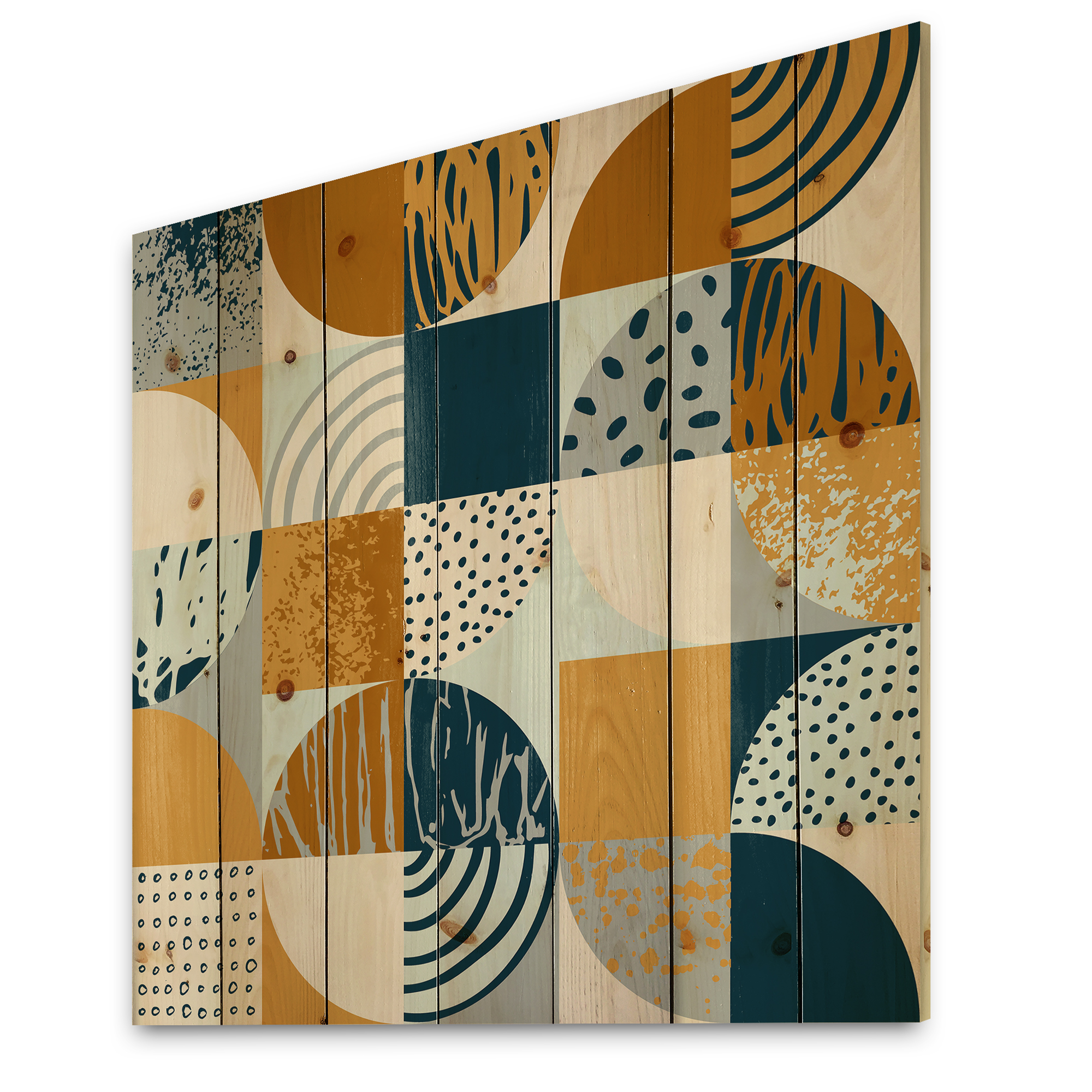 Designart 'Retro Semicircles Squares and Circles' Modern Print on Natural Pine Wood