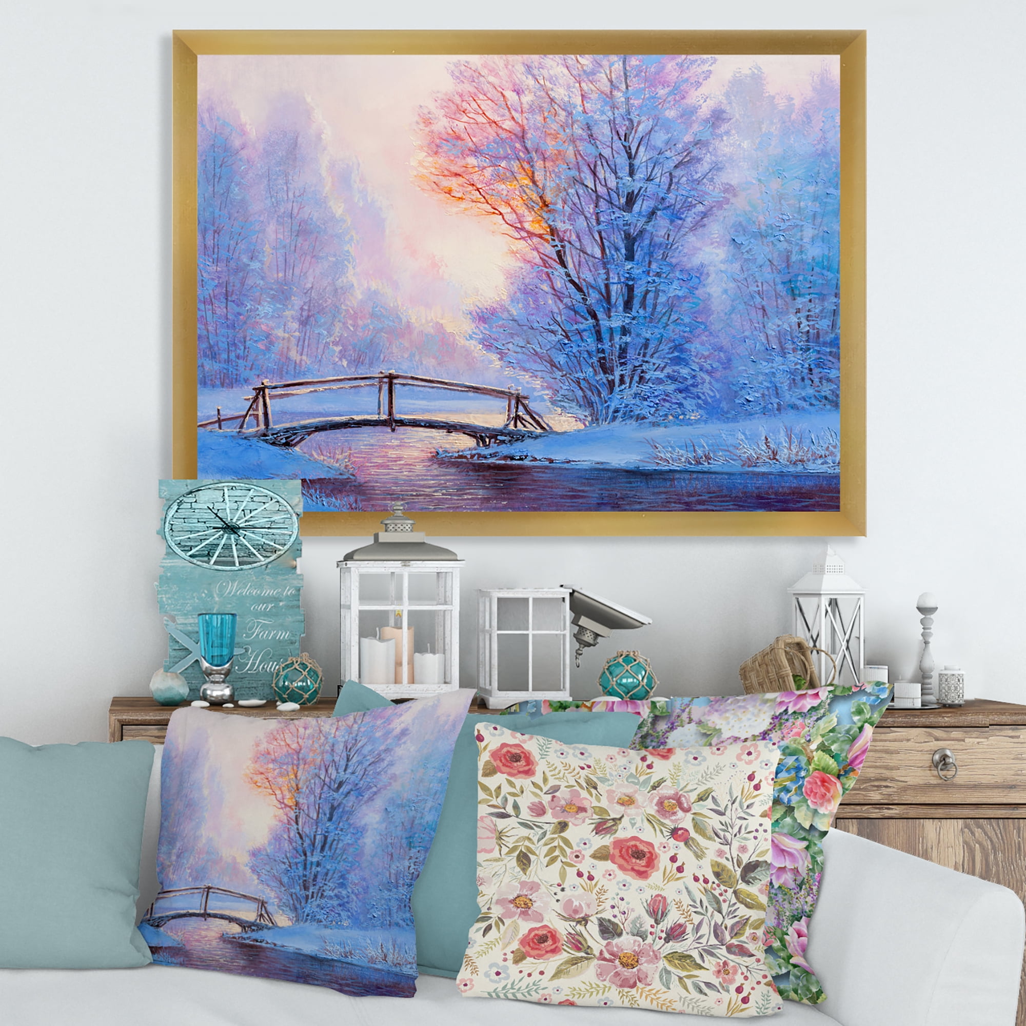 Designart 'Winter Landscape With A Bridge and A River' Lake House Framed Art Print