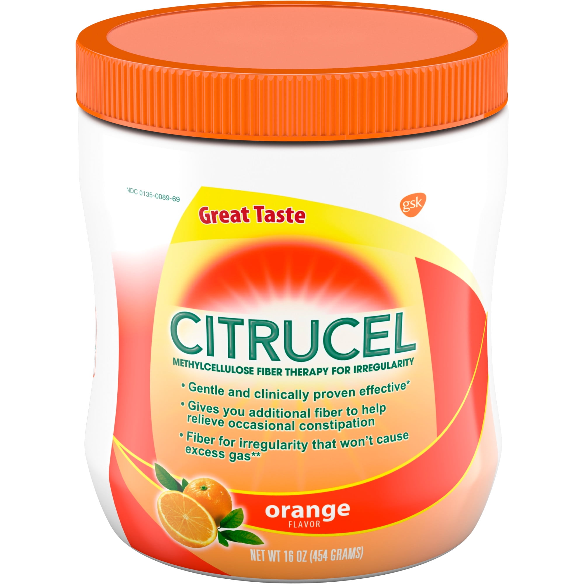 Citrucel Fiber Therapy Powder for Occasional Constipation Relief, Orange, 16 Oz