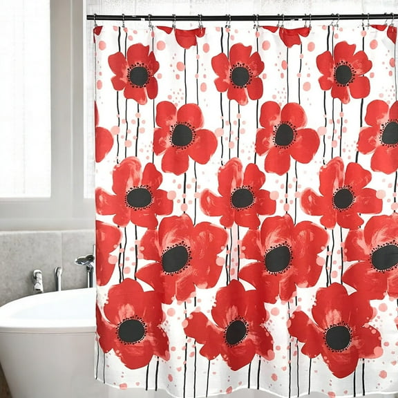 Serafina Home Country Red Floral Poppy Polyester Shower Curtain, 70" x 72", 1 Count