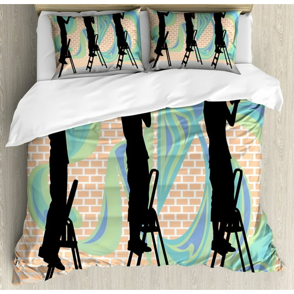 Urban Graffiti Queen Size Duvet Cover Set, Silhouette of Teenage Graffiti Artists Spraying on Pastel Toned Brick Walls, Decorative 3 Piece Bedding Set with 2 Pillow Shams, Multicolor, by Ambesonne